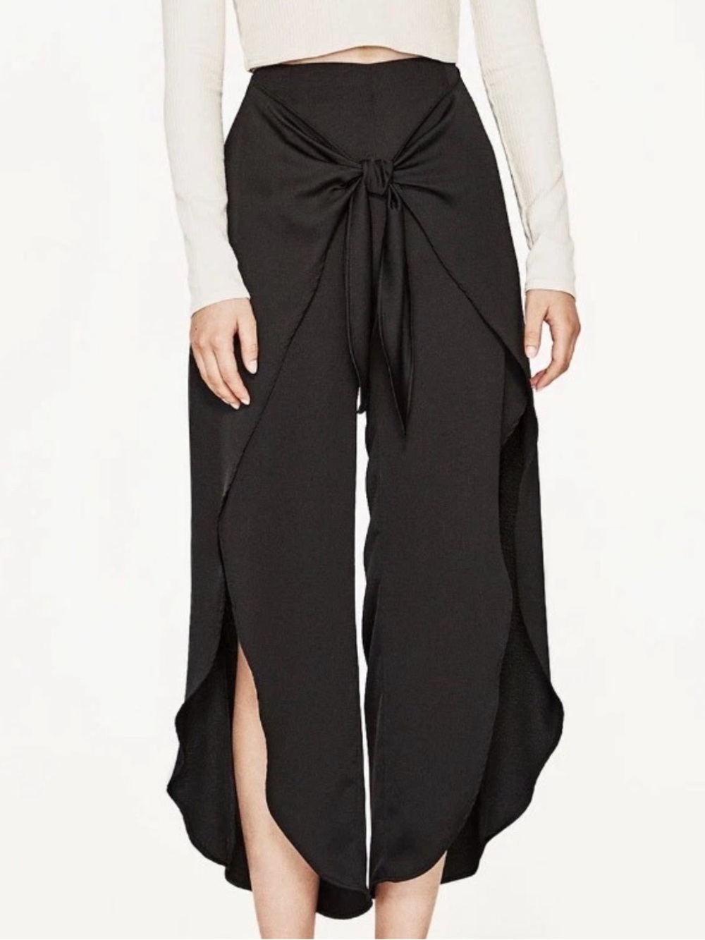 Zara Marine Blue Wide-Leg TieFront Palazzo Pants With Knot Black size XS